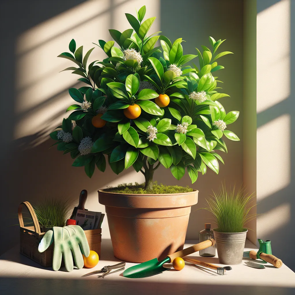 Uma imagem vibrante de uma árvore de Citrus Aurantium em vaso é exibida em uma janela ensolarada, adornada com folhas verdes brilhantes e pequenas flores brancas e perfumadas. Um par de luvas de jardinagem e ferramentas estão ao lado do vaso, prontas para serem usadas no cuidado deste belo projeto de jardim em casa.