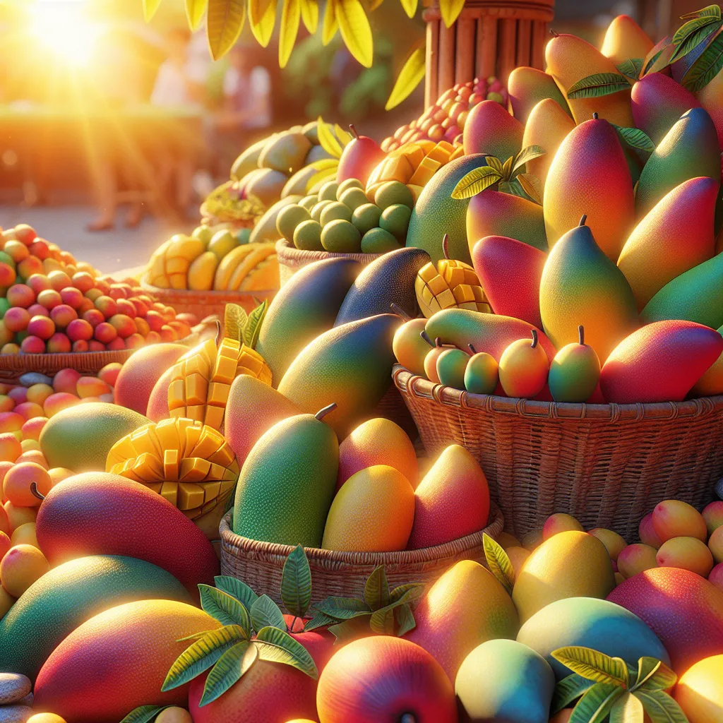 Uma exibição vibrante de várias mangas em um mercado ao ar livre, mostrando diferentes formas, cores e tamanhos. O sol lança um brilho quente sobre as frutas suculentas, destacando suas ricas texturas e características únicas. Folhas e pequenas cestas adicionam um toque rústico a esta cena tropical.
