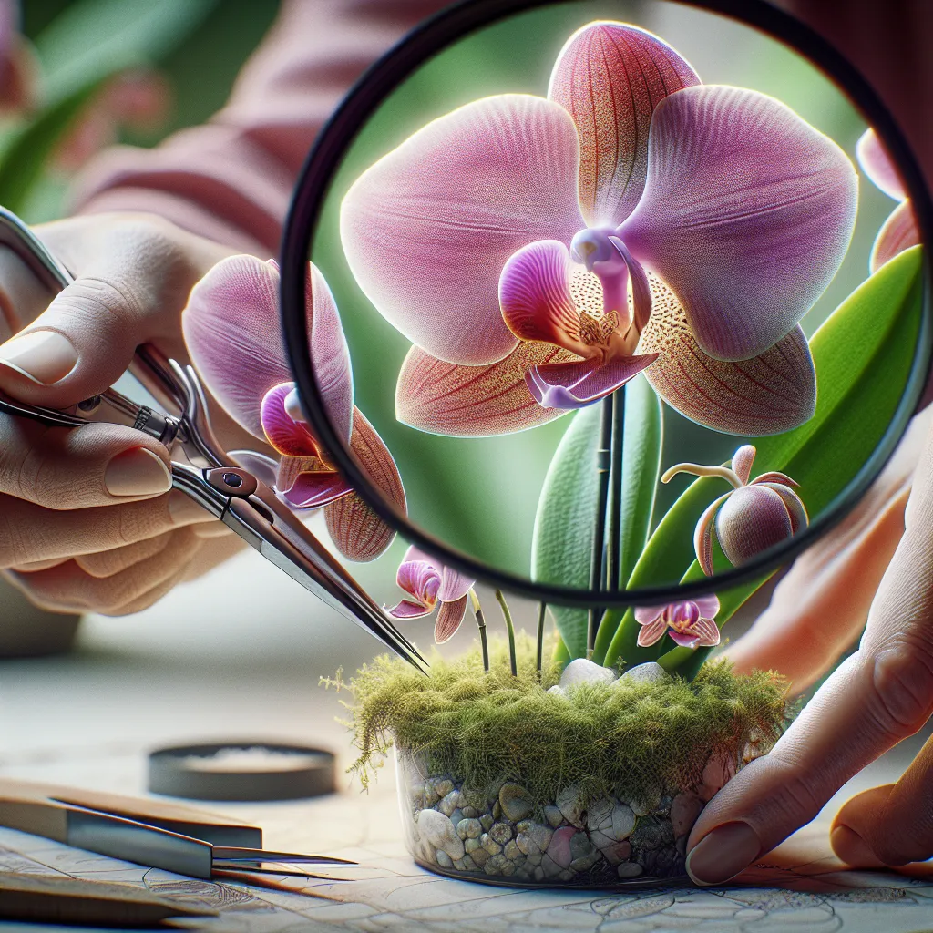 Uma imagem em close de uma orquídea Pierardii em florescência, destacando suas pétalas vibrantes, contra um fundo de luz natural suave. As mãos de uma pessoa colocam gentilmente a orquídea em um vaso cheio de musgo, ressaltando o processo de plantio passo a passo com ferramentas essenciais de cuidado, como tesouras e fertilizante nas proximidades.