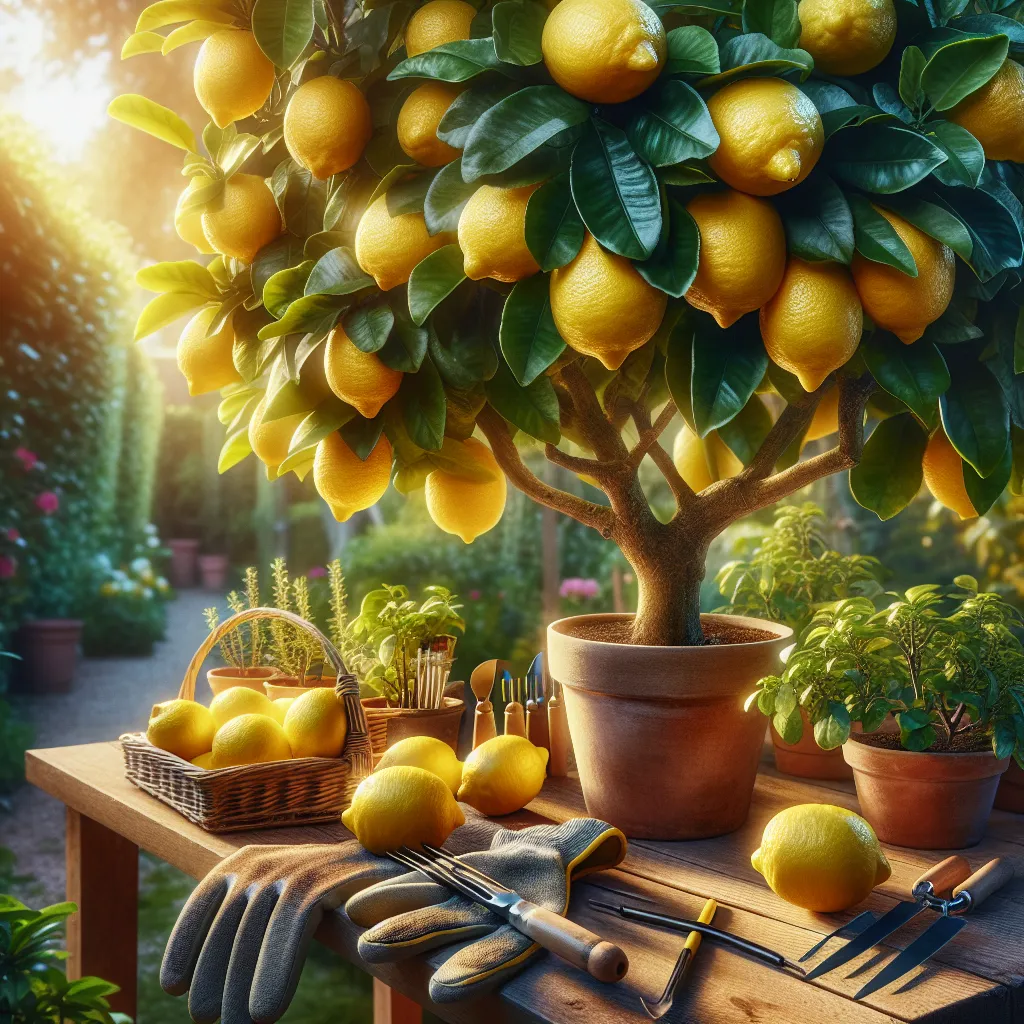 Cultivando limoeiro no jardim ensolarado Uma imagem vibrante de um limoeiro maduro carregado de limões amarelos brilhantes, em um fundo de folhas verdes exuberantes. Um par de luvas de jardinagem e ferramentas estão colocados nas proximidades, enfatizando a abordagem prática para cultivar esta planta cítrica perfumada em um ambiente ensolarado de jardim.