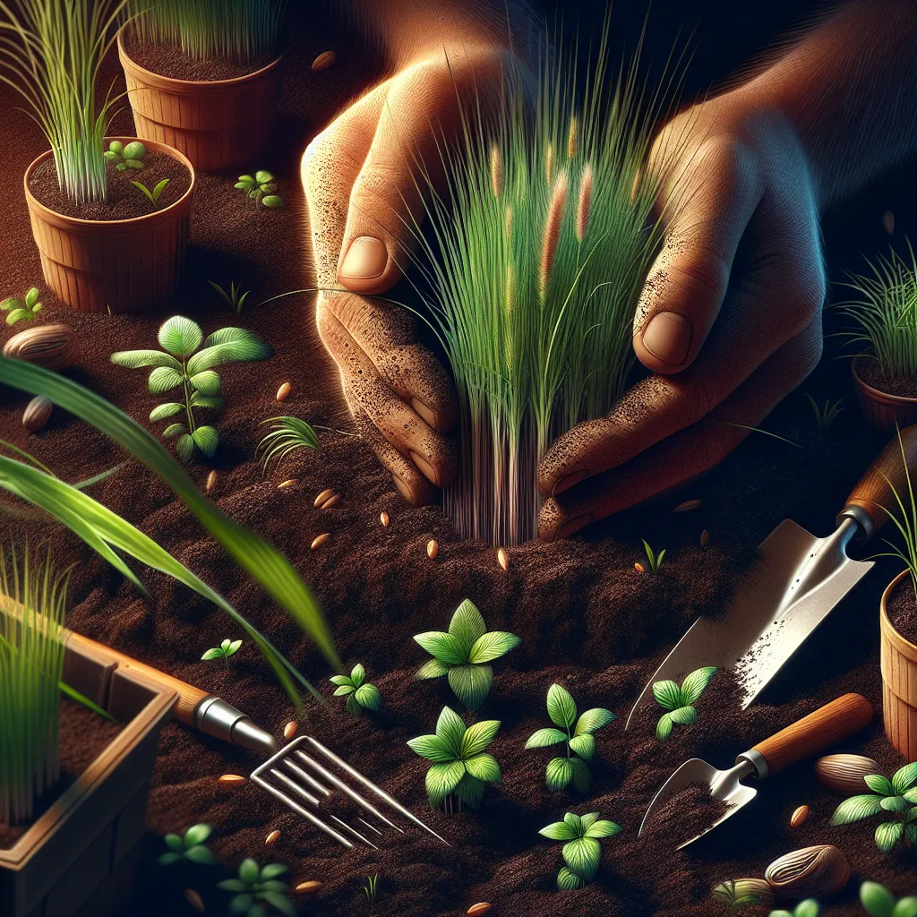 Plantio de sementes em solo fértil Uma imagem das mãos de um jardineiro gentilmente plantando sementes de grama dos pássaros em um solo rico e escuro. Ao redor das mãos, estão pequenas ferramentas de jardinagem e alguns vasos cheios com jovens plantas de grama dos pássaros, banhadas pela luz natural, destacando a cor verde vibrante das folhas.