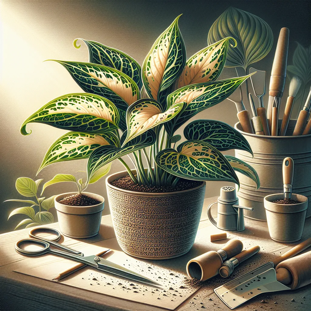 Uma imagem retratando um close de uma vibrante planta Syngonium Variegatum, exibindo suas deslumbrantes folhas variegadas com tons de verde e creme. Ao fundo, ferramentas de jardinagem e terra para plantio estão organizadas de forma neat, enfatizando um processo de plantio passo a passo. A luz suave do sol filtra através, criando uma atmosfera convidativa para jardinagem.