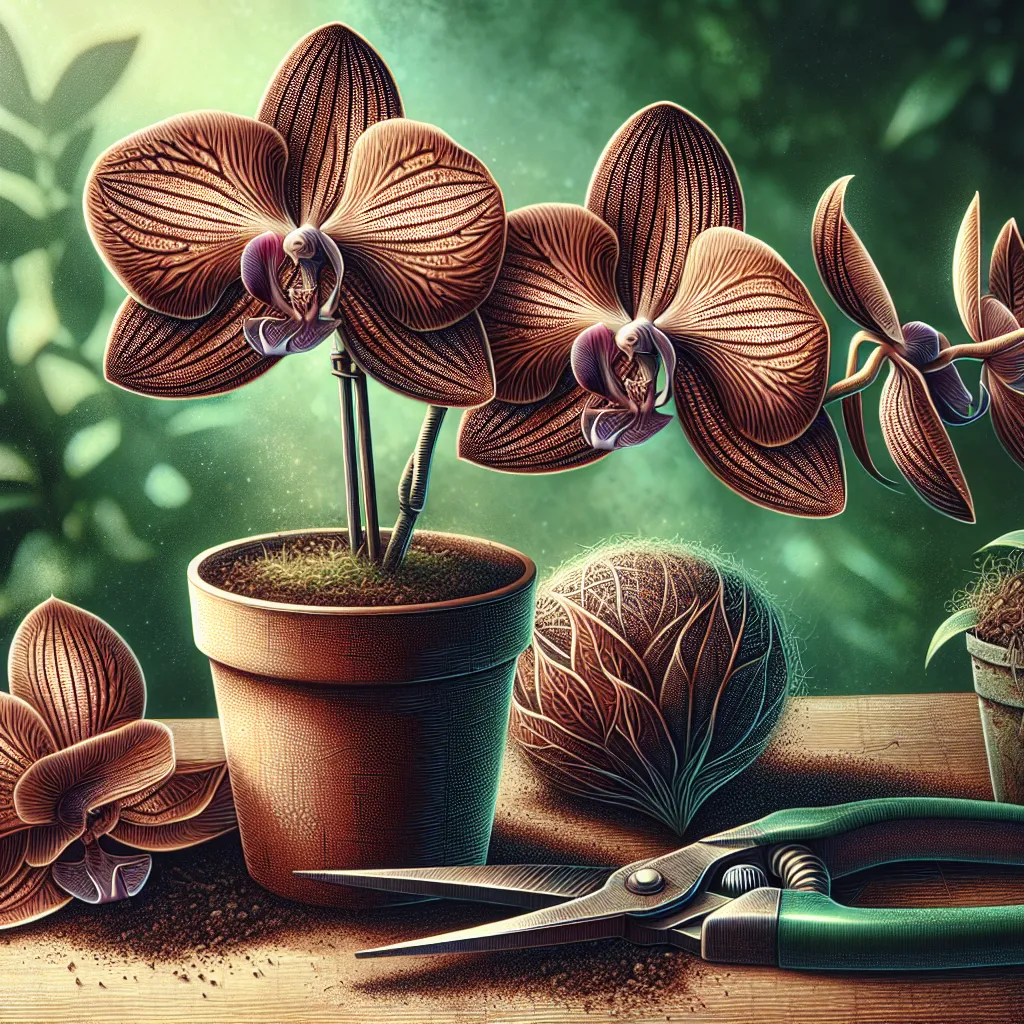 Um close-up de uma deslumbrante orquídea marrom floresce contra um fundo verde borrado, exibindo seus padrões e texturas intricadas. Ao lado, um vaso de jardinagem preenchido com terra e um par de tesouras de poda sugerem os cuidados e a atenção que essas lindas orquídeas exigem.