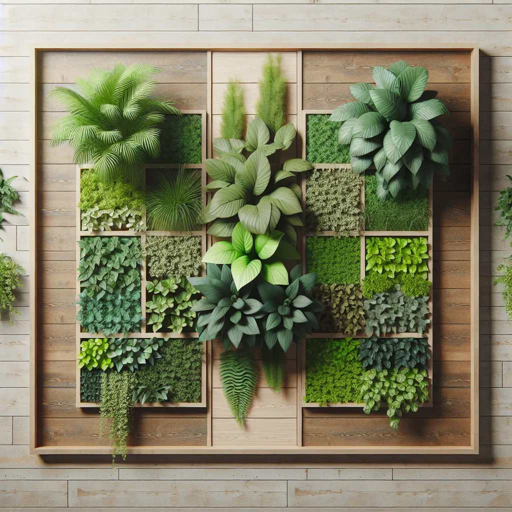 Parede de plantas vivas com moldura de madeira Uma vista de cima de uma parede de plantas vivas lindamente disposta, exibindo várias plantas verdes exuberantes em seções organizadas. A parede é emoldurada por painéis de madeira rústica, destacando as cores vibrantes da folhagem contra um fundo suave e neutro, convidando os espectadores a explorar o tutorial passo a passo.