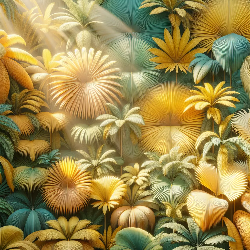 Um deslumbrante arranjo de espécies de palmeiras amarelas, exibindo várias tonalidades que vão do pastel suave ao dourado vibrante. Cada palmeira está elegantemente disposta em um jardim tropical, cercada por uma vegetação exuberante, com a luz do sol filtrando-se através das folhas, destacando suas texturas e cores únicas.