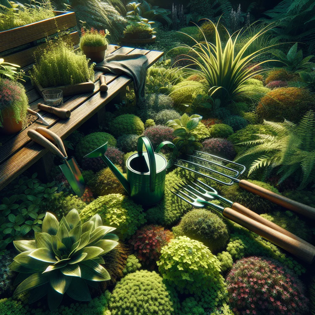 Ferramentas de jardinagem em jardim vibrante Uma cena de jardim vibrante apresentando uma cobertura do solo verdejante de diversas espécies de plantas, como tomilho rasteiro e musgo. Perto, ferramentas de jardinagem e um regador descansam em um banco de madeira, com a luz do sol filtrando através das árvores, enfatizando a variedade e beleza do plantio.