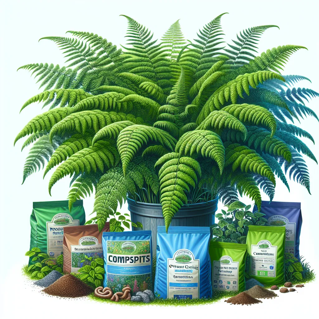 Nutrição ideal para samambaias internas Um close-up vibrante de uma samambaia verde e exuberante, destacando suas folhas delicadas e texturas intrincadas. Ao redor da samambaia, estão várias sacolas de fertilizantes orgânicos, como compostagem e húmus de minhoca, sugerindo as melhores escolhas para nutrir esta planta de interior saudável. A luz natural realça a aparência fresca e saudável.