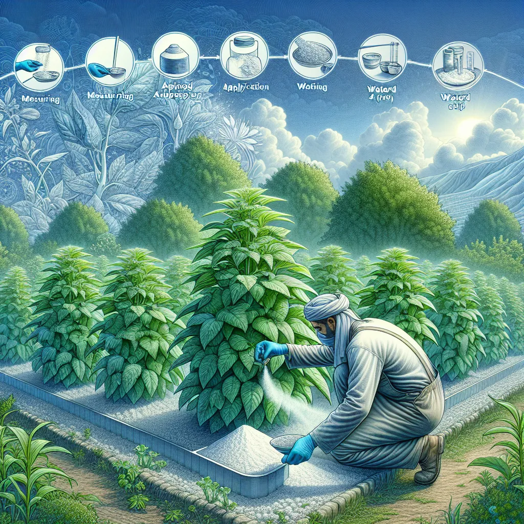 Guia para aplicação de enxofre no jardim Uma ilustração de um jardim exuberante com plantas verdes vibrantes, um jardineiro de luvas aplicando enxofre em pó ao redor da base das plantas e um céu limpo acima. Em primeiro plano, passos rotulados para o uso do enxofre, incluindo medição, aplicação e rega, estão artisticamente integrados à cena.