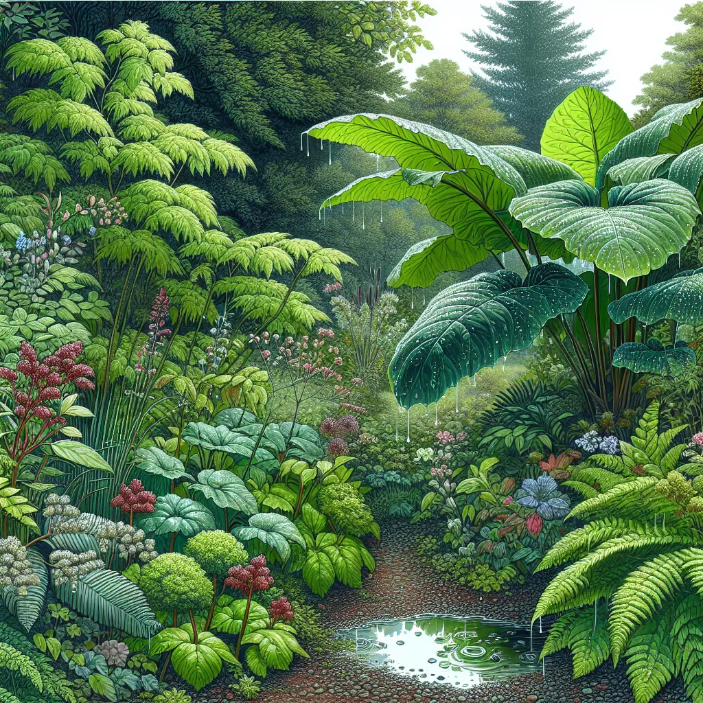 Plantas vibrantes e resistentes à umidade no jardim Uma ilustração de uma cena de jardim vibrante com várias plantas que retêm umidade, exibindo sua folhagem e texturas diversas. Gotículas de água brilhando nas folhas, e uma pequena poça refletindo a vegetação ao redor, destacando a capacidade das plantas de prosperar em condições de solo úmido.