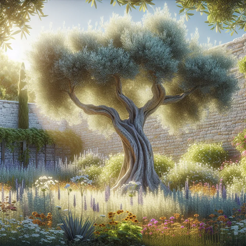 Uma elegante oliveira se destaca em um jardim iluminado pelo sol, seu tronco retorcido exibindo idade e resistência. Ao redor da árvore, flores silvestres coloridas florescem, contrastando com suas folhas verde-prateadas. Ao fundo, uma rústica parede de pedra sugere o charme tradicional do Mediterrâneo, evocando pensamentos sobre a vida ao ar livre em paz.
