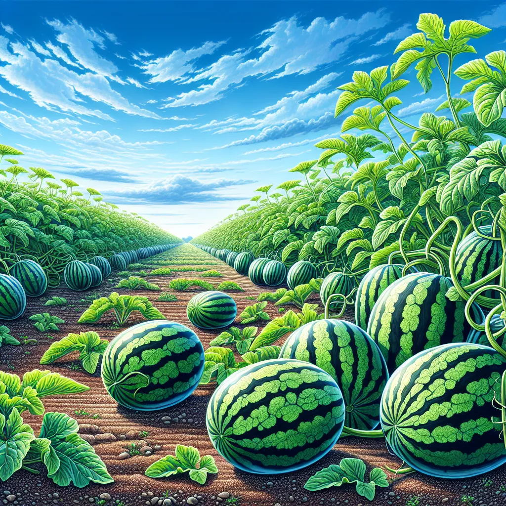 Campo exuberante de melancias maduras Um vibrante campo de melancia se estende sob um céu azul brilhante, com vinhas verdes exuberantes se espalhando pelo chão. Cada vinha é adornada com grandes melancias maduras, exibindo diferentes tonalidades de verde. Algumas melancias estão aninhadas no solo, refletindo a abundância da colheita sob o quente sol.