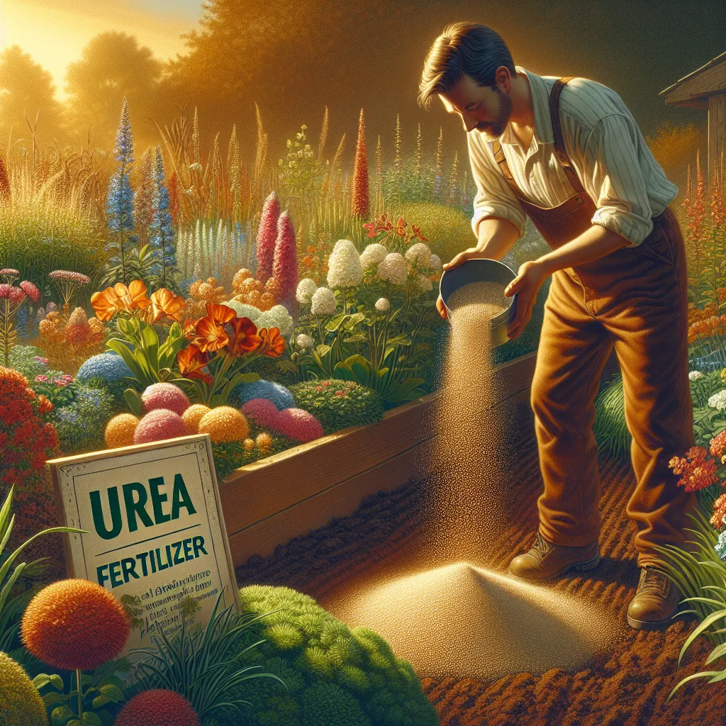 Aplicação de ureia no jardim Uma imagem de um jardineiro espalhando grânulos de ureia em um canteiro de flores vibrantes e plantas verdes exuberantes. A luz do sol lança um brilho quente, destacando o solo rico.