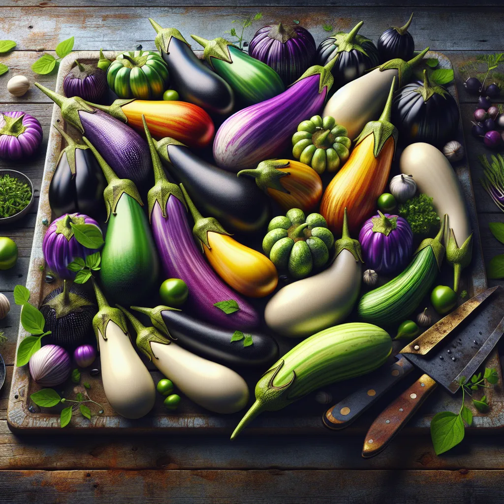 Uma exibição vibrante de vários tipos de berinjela dispostos em uma mesa de madeira rústica. Cada variedade exibe cores únicas—variando do roxo profundo ao verde brilhante—destacando suas formas e tamanhos distintos. Ao lado das berinjelas, ervas frescas e uma faca sugerem seu potencial culinário, convidando à exploração de sabores e pratos.