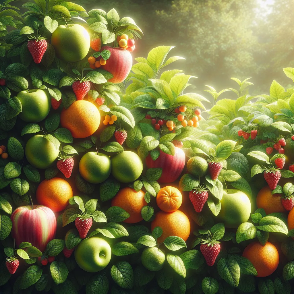 Uma vibrante variedade de plantas frutíferas, exibindo uma colorida gama de frutas maduras como maçãs, laranjas e morangos. Cada fruta pende de folhagem verde e luxuriantes, destacando suas formas e tamanhos diversos. Uma suave luz do sol filtra pelas folhas, iluminando as ricas texturas e cores dessa abundância botânica.
