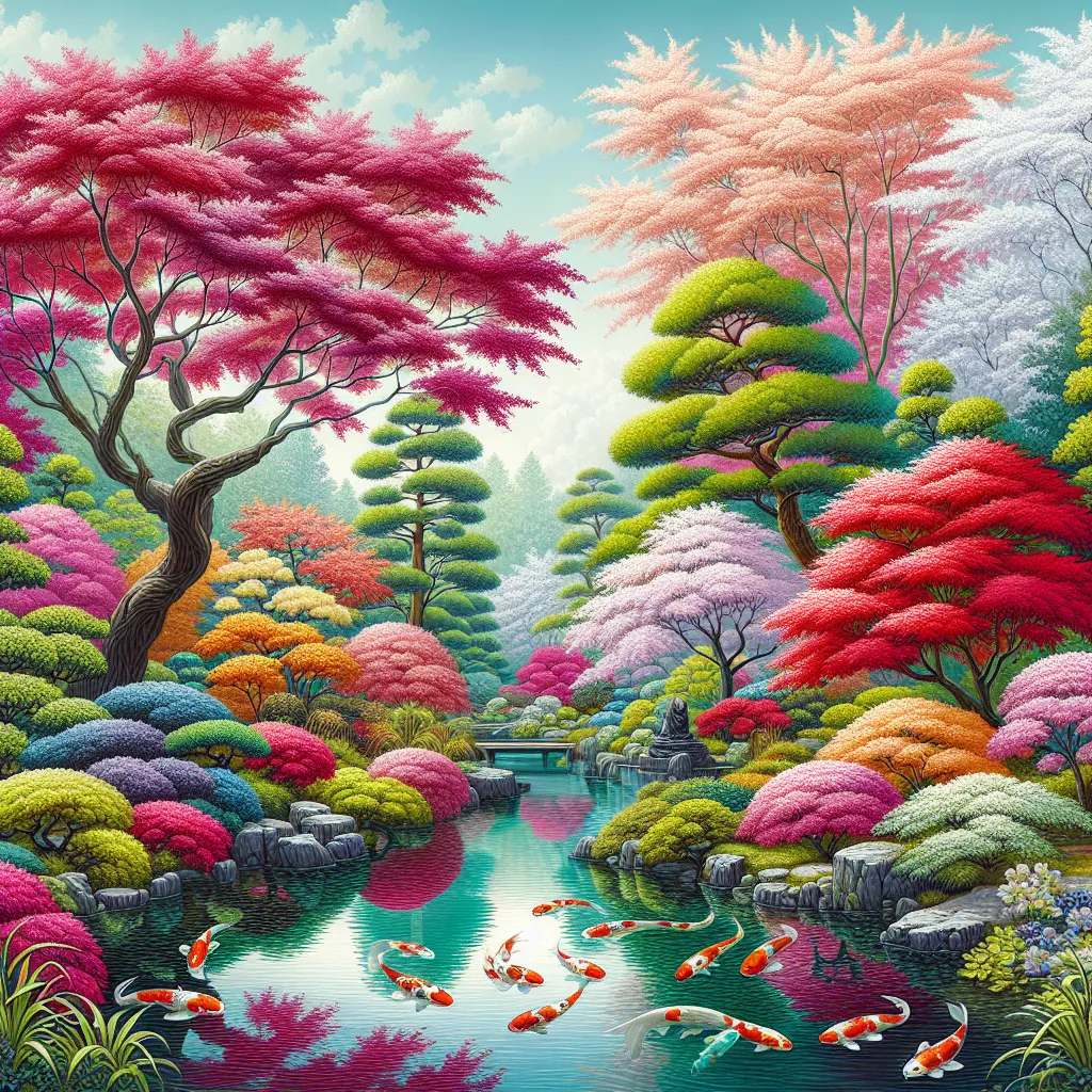 Uma fotografia elegante de um sereno jardim japonês apresentando várias espécies de árvores, como flores de cerejeira e bordos. As cores vibrantes da folhagem contrastam belamente com um tranquilo lago de carpas, criando uma atmosfera pacífica que destaca a beleza e a diversidade das árvores japonesas.