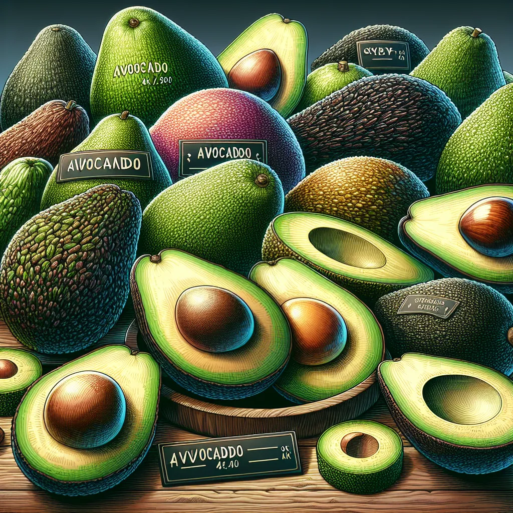 Uma variedade de abacates exibidos em uma mesa de madeira, destacando diferentes tipos e variedades. Cada abacate apresenta cores, texturas e tamanhos distintos, com etiquetas indicando seus nomes. A luz suave realça seu brilho natural, enquanto algumas metades de abacate revelam uma polpa verde cremosa, convidando à exploração de seus sabores e usos.