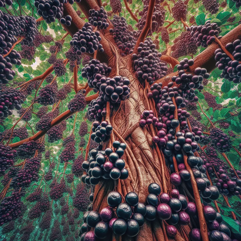 Um close-up de uma jabuticabeira, suas frutas roxas escuras agarrando-se ao tronco em meio a folhas verdes luxuosas. As cores contrastantes destacam a rica textura da casca e a vibração das frutas, convidando os espectadores a explorar as diferentes espécies e sabores desta única baga brasileira.