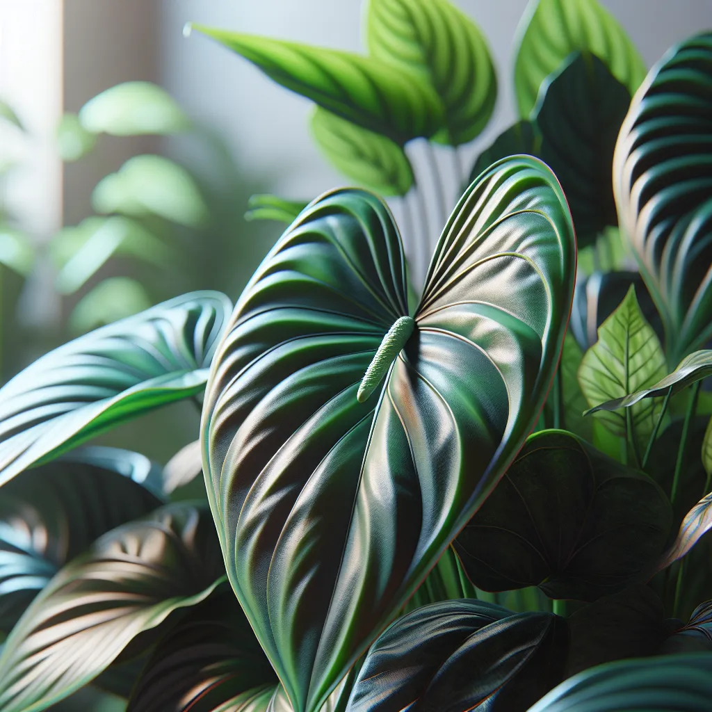 Anthurium Warocqueanum em close com folhas exuberantes Um close de uma vibrante planta Anthurium Warocqueanum mostrando suas grandes folhas brilhantes e verde-escuras com veias proeminentes. O fundo apresenta um cenário de jardim interno suavemente desfocado, com luz natural destacando a beleza da planta, enfatizando seu apelo exótico e o ambiente ideal para crescimento e cuidados.