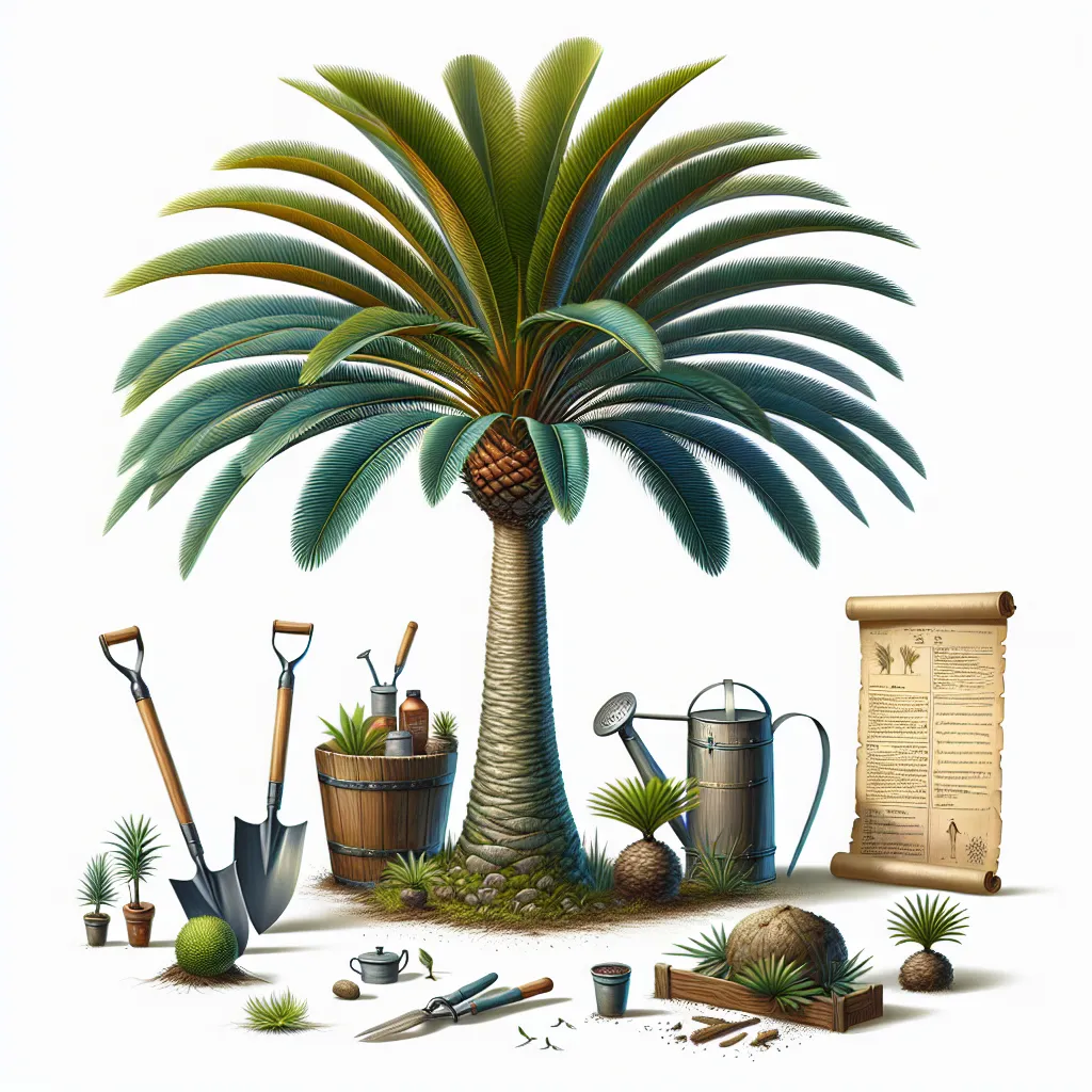 Uma ilustração elegante de uma exuberante palmeira Neodypsis Decaryi, destacando seu tronco alto e esbelto e suas vibrantes folhas em forma de leque. Ao seu redor, estão ferramentas de jardinagem como uma pá e um regador, com instruções de plantio passo a passo em pergaminho colocadas ao lado da planta, enfatizando técnicas de cultivo e cuidado.