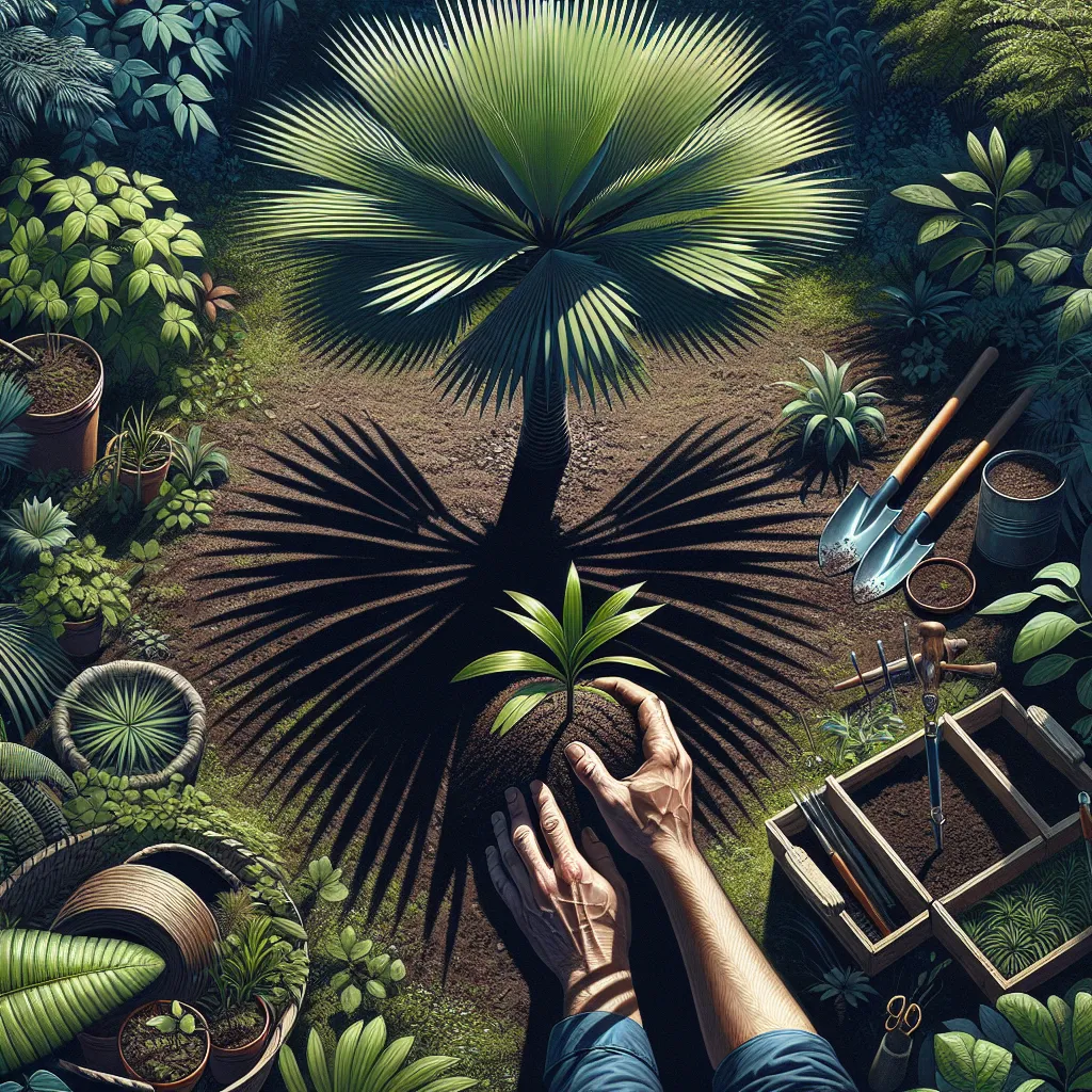 Plantando uma jovem palmeira em solo rico Uma imagem de uma palmeira Marcature madura erguendo-se em um jardim exuberante, cercada por plantas tropicais. Um close de mãos plantando um jovem broto de palmeira em solo rico com ferramentas de jardinagem próximas, capturando a essência de nutrir e cuidar no jardinagem.