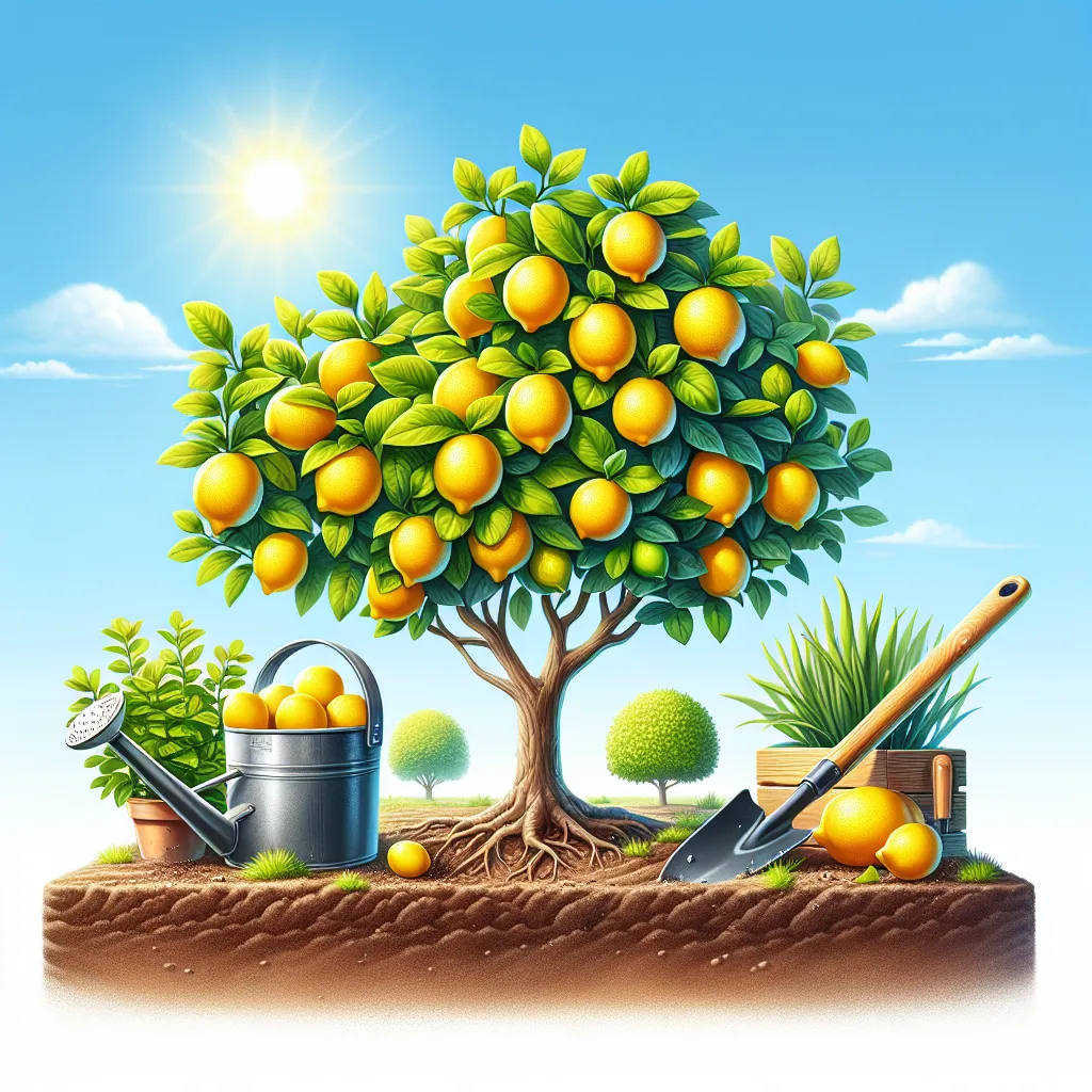 Árvore de limão com ferramentas de jardinagem Uma árvore de limão vibrante, carregada de limões amarelos e maduros contra um céu azul claro. Ao lado dela, ferramentas de jardinagem como uma pá e um regador repousam em solo ensolarado, simbolizando o processo de cuidado ao cultivar esta planta cítrica passo a passo.