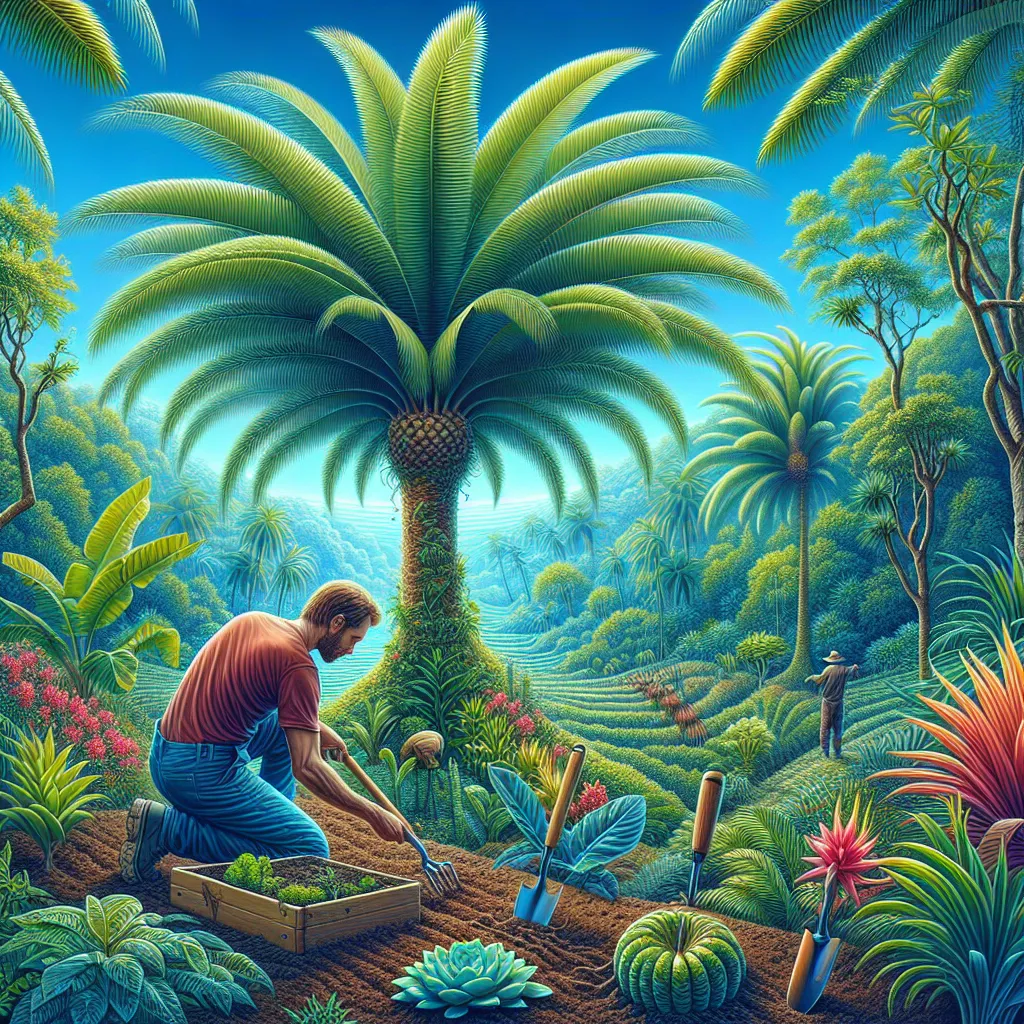 Uma elegante palmeira com folhas verdes luxuriantes se estende em direção a um céu azul brilhante. Em primeiro plano, um jardineiro cava suavemente um buraco em solo rico, cercado por plantas tropicais. Ferramentas descansam nas proximidades, e uma paisagem vibrante sugere o cultivo bem-sucedido da palmeira Locuba.