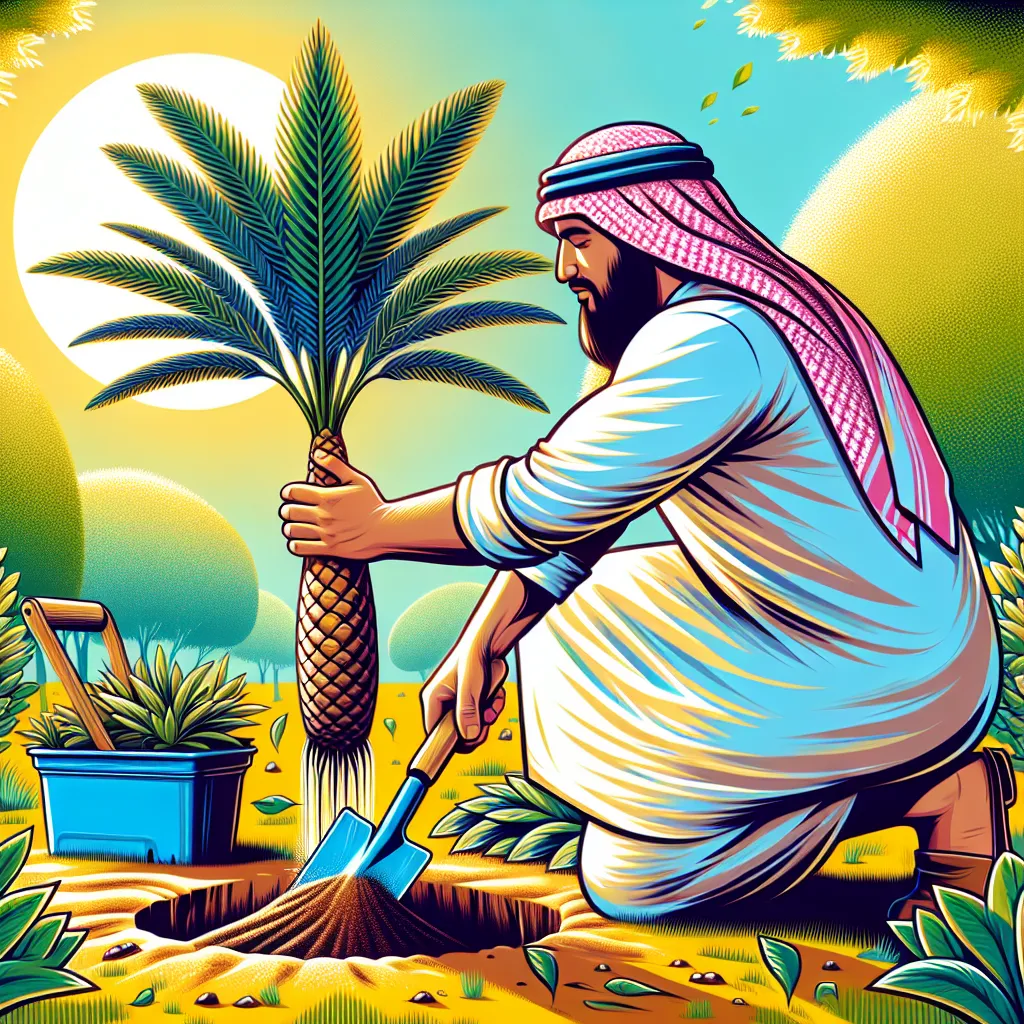 Uma imagem vibrante de uma pessoa plantando delicadamente uma Palmeira Copacabana em um jardim ensolarado, cercada por uma vegetação exuberante. A pessoa, usando ferramentas de jardinagem, cava cuidadosamente um buraco para a palma, destacando o processo passo a passo, com um foco claro no tronco e nas folhas distintas da planta.