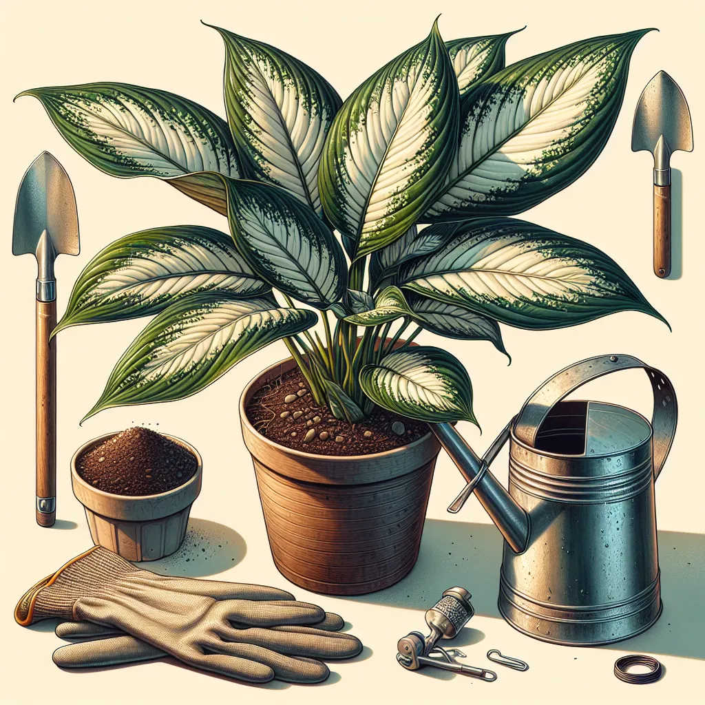Um close-up de uma exuberante planta Dieffenbachia Amoena com suas folhas largas e variegadas captando a luz do sol. Ao lado, um pequeno vaso cheio de terra, luvas de jardinagem e um regador, sugerindo os passos para plantar e cuidar dessa bela planta de interior.