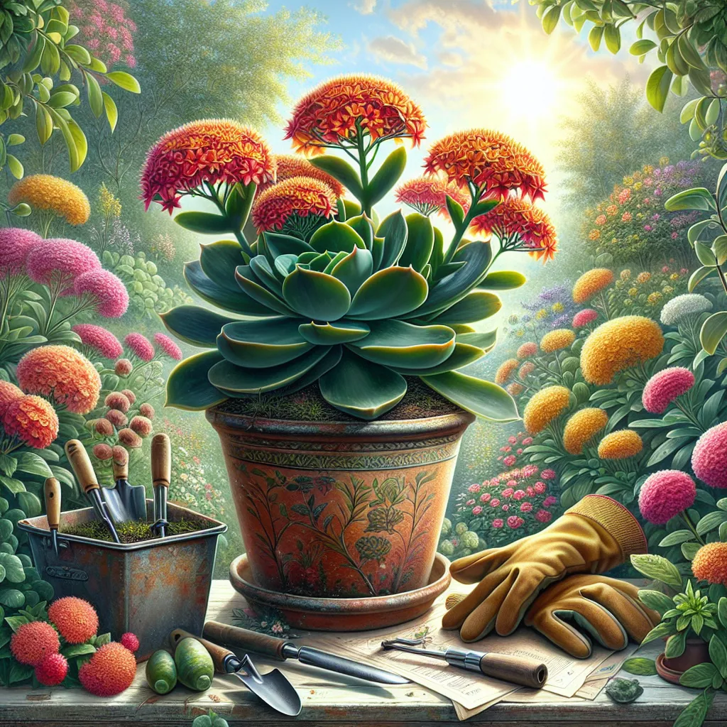 Uma vibrante planta de Kalanchoe Orgyalis está em um rústico vaso de terracota, cercada por folhas verdes exuberantes. O fundo apresenta um jardim iluminado pelo sol com flores coloridas, enfatizando o calor e a beleza da planta. Um par de luvas de jardinagem e ferramentas estão por perto, prontas para cuidar desta deslumbrante suculenta.
