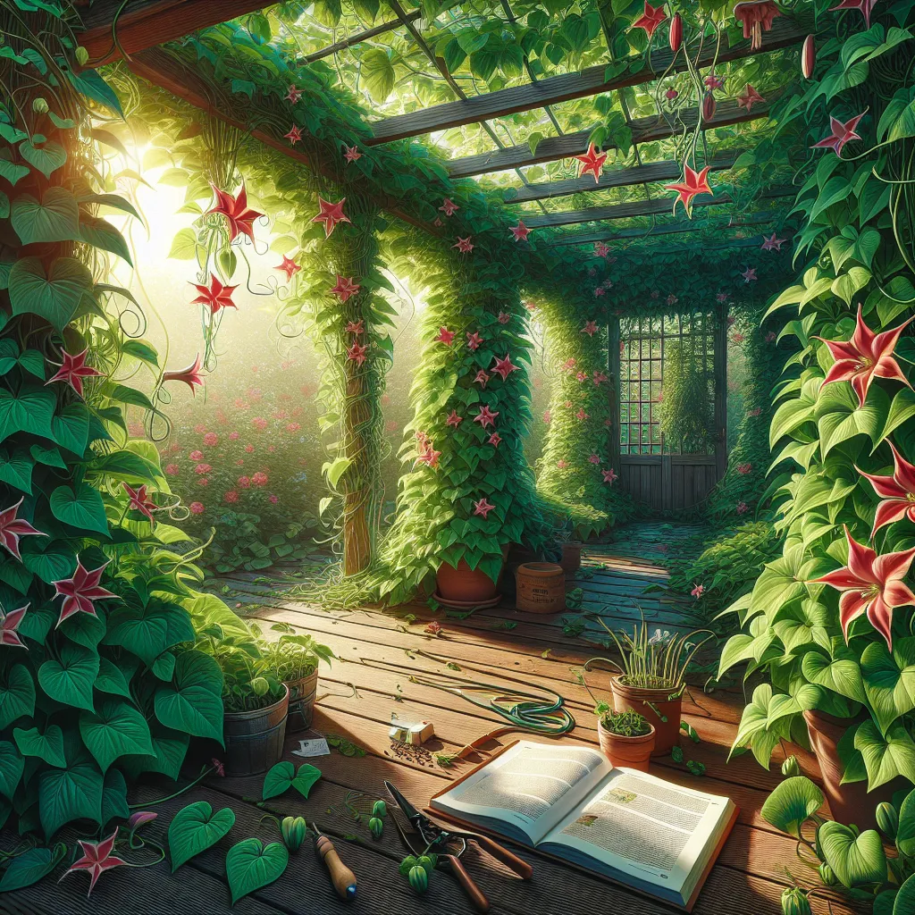 Uma cena de jardim vibrante apresentando exuberantes cipós verdes de Ipomea quamoclit subindo por uma treliça, com delicadas flores vermelhas em forma de estrela desabrochando. A luz do sol filtra pelas folhas, destacando a estrutura intricada da planta, enquanto ferramentas de jardinagem e um guia aberto estão próximo, sugerindo o processo de plantio.