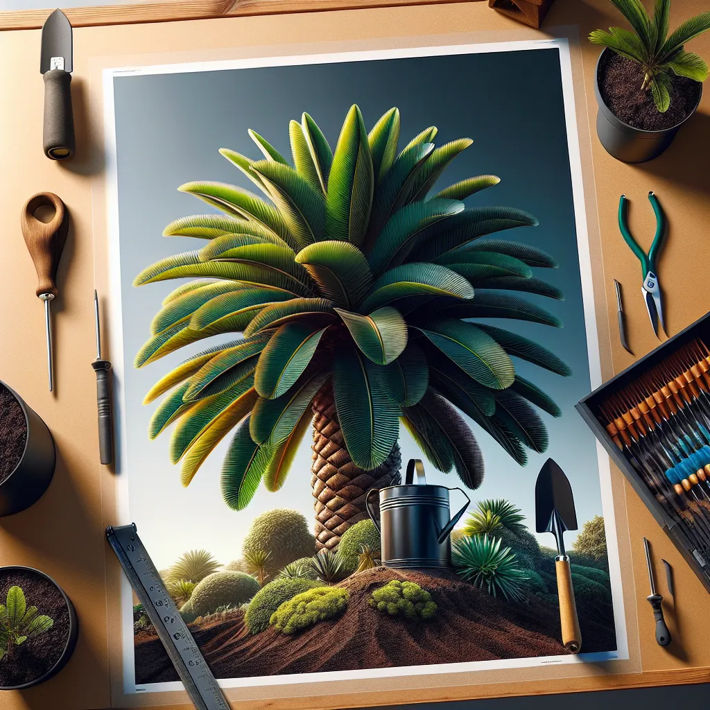 Uma visão de perto de uma vibrante palmeira Laca Negra, destacando suas folhas verde-escuras e brilhantes contra um fundo ensolarado. A imagem ressalta as texturas das folhas e do solo, com ferramentas de jardinagem como uma pá e um regador sutilmente colocadas nas proximidades, enfatizando o processo de cultivo passo a passo.