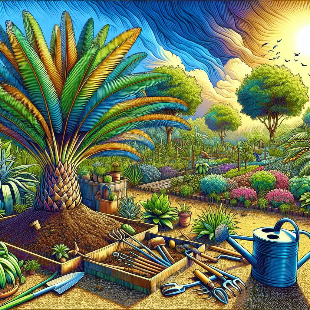 Uma cena vibrante de jardim apresentando uma Palmeira das Canárias em várias fases de crescimento. Mostre a palmeira em um local ensolarado, cercada por ferramentas de jardinagem, solo rico em nutrientes e um regador, ilustrando o processo de plantio. Inclua folhagens exuberantes para transmitir uma sensação de cuidado e nutrição para a planta.