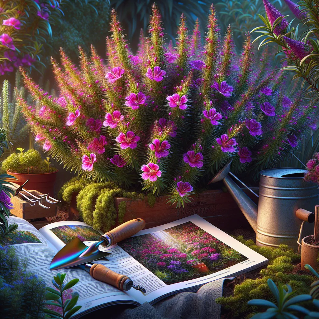 Uma imagem de um jardim brilhante e exuberante apresentando a Cuphea Hyssopifolia em plena floração, exibindo suas vibrantes flores roxas e rosa. Uma foto em close destaca as pétalas delicadas e a folhagem verde rica, acompanhada por ferramentas de jardinagem e um guia de plantio para sugerir dicas de cuidado e etapas para o plantio.