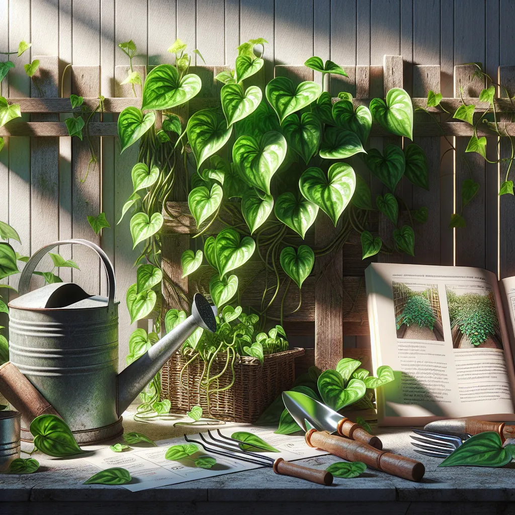 Uma imagem de uma planta Epipremnum Pinnatum verdejante subindo por um treliçado de madeira texturizado, cercada por ferramentas de jardinagem como uma pá e um regador. A luz suave do sol filtra pelas folhas, destacando o folhagem brilhante da planta, com um guia passo a passo visivelmente colocado nas proximidades, mostrando um ambiente de jardinagem convidativo.