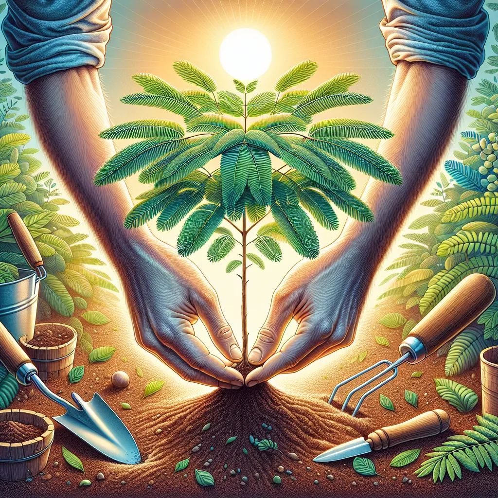 Uma imagem vibrante de uma jovem árvore Albizia Niopoides, com suas delicadas folhas em forma de penas espalhadas, aninhada em um jardim ensolarado. As mãos de um jardineiro plantam gentilmente a muda em solo rico, cercada por ferramentas de jardinagem como uma pá e um regador, enfatizando o cuidado e o cultivo.
