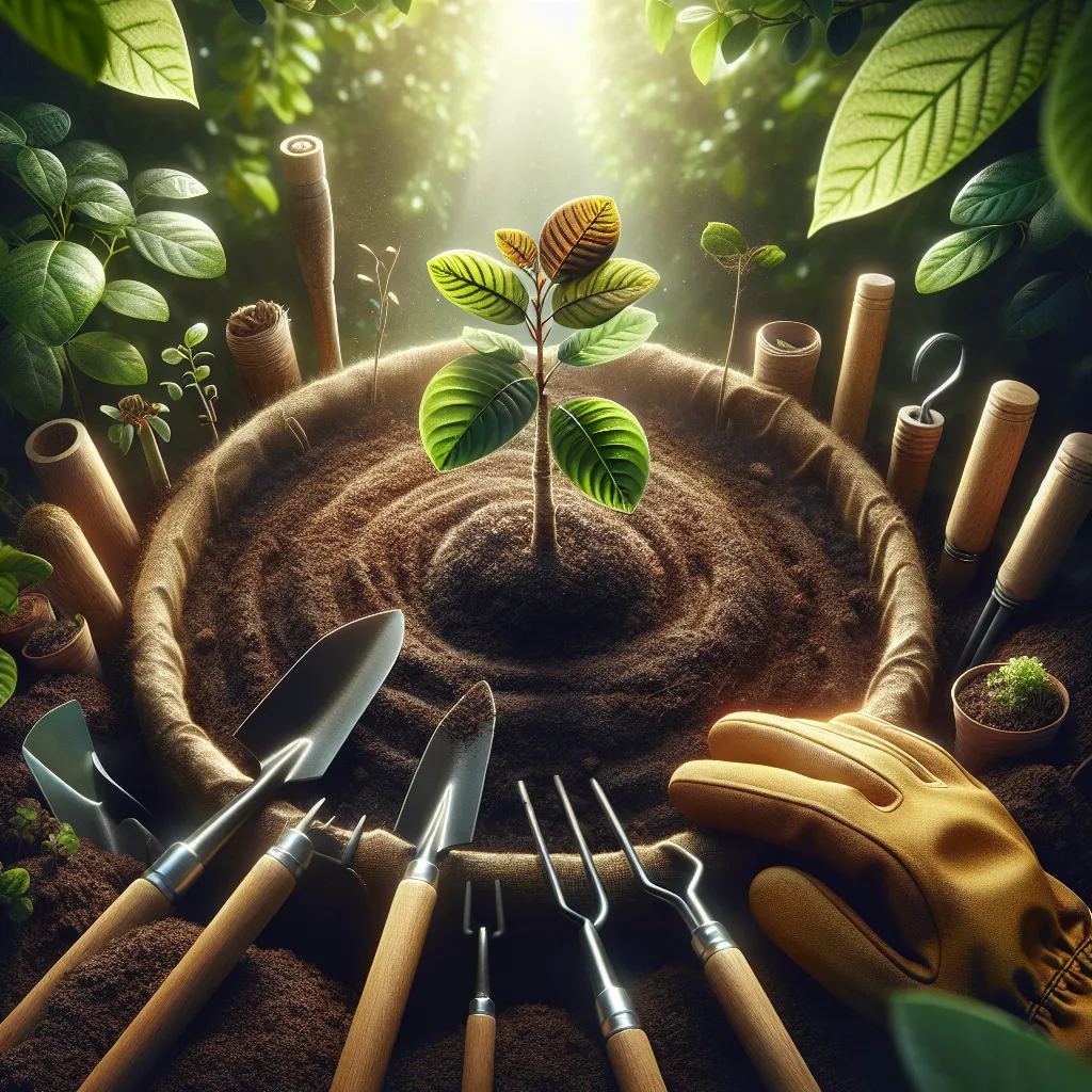 Broto de mogno africano em solo fértil Uma imagem em close de um saudável broto de mogno africano em solo rico e escuro, cercado por ferramentas de jardineria como uma pá e luvas. A luz do sol filtra através de folhas verdes exuberantes ao fundo, simbolizando crescimento e cuidado no processo de plantio.