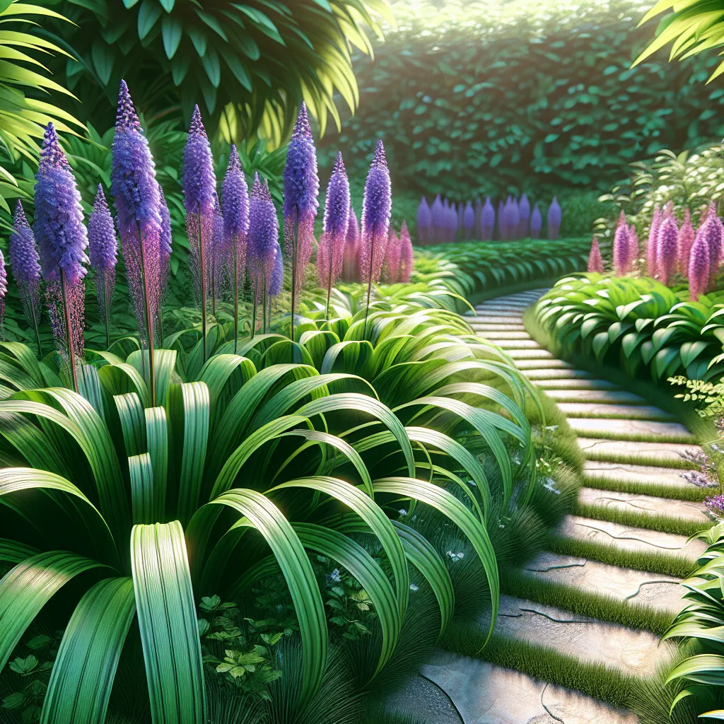 Plantas de Liriope Muscari em jardim exuberante Uma fotografia em close de vibrantes plantas de Liriope Muscari em um exuberante ambiente de jardim, destacando suas longas folhas verdes e impressionantes flores roxas. Um caminho convidativo serpenteia pela folhagem, ressaltando locais ideais para plantio e a beleza do ciclo de crescimento da natureza.