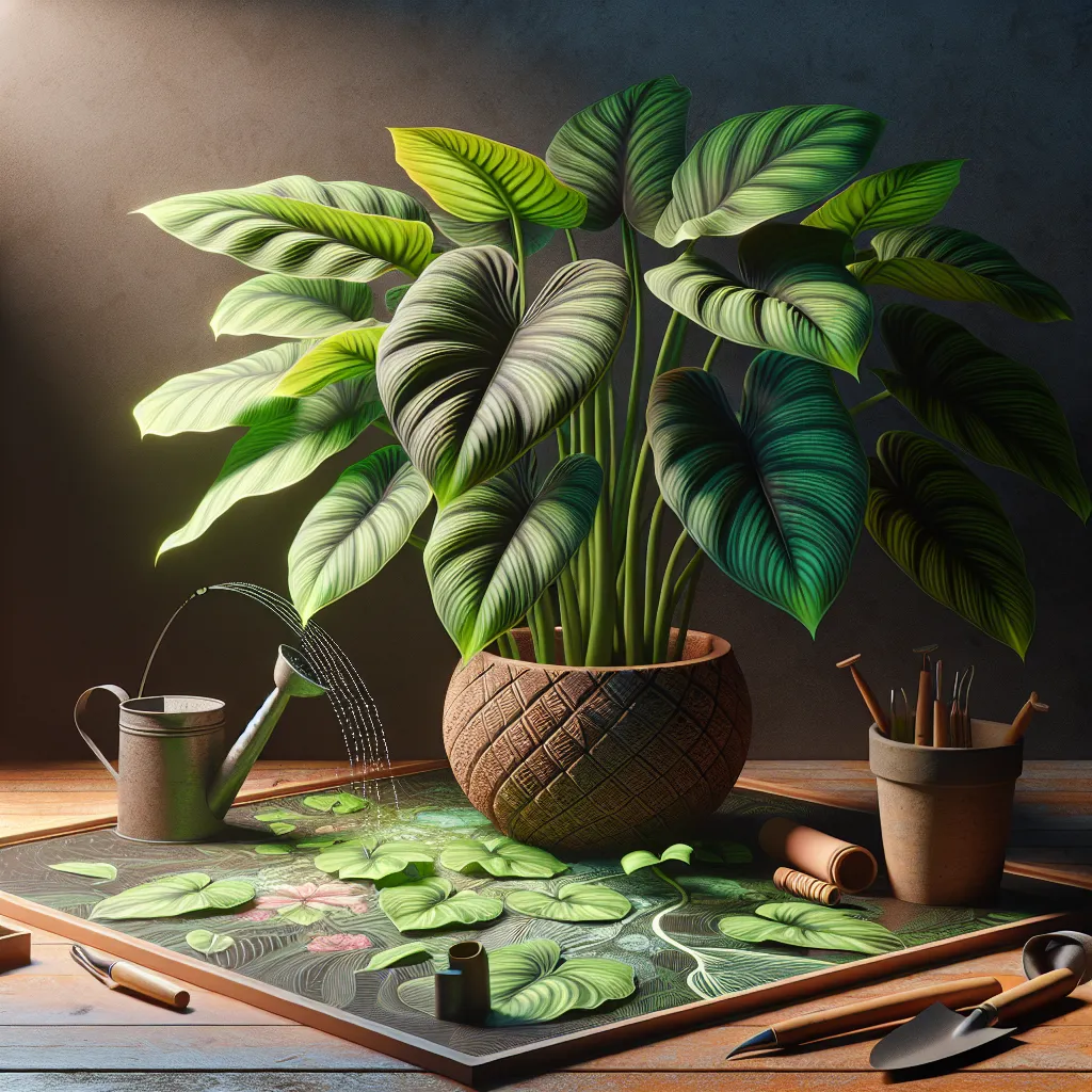 Philodendron Cannifolium em vaso decorativo com ferramentas de jardinagem Uma imagem de uma planta vibrante de Philodendron Cannifolium em um vaso decorativo sobre uma mesa de madeira. Folhas verdes grandes e exuberantes com nervuras únicas se espalham, enquanto um par de luvas de jardinagem, um pequeno regador e uma pá estão próximos, indicando o processo de plantio e cuidado.