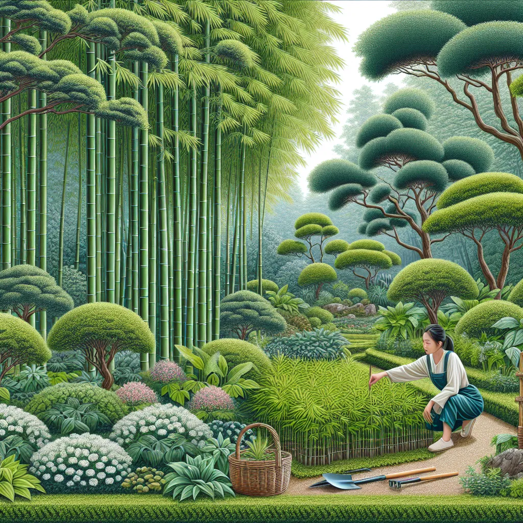 Jardim elegante com bambu Moso e jardineiro Uma cena de jardim elegante apresentando um grove bem cuidado de bambu Phyllostachys Moso, exibindo talos altos e esguios balançando suavemente na brisa. O solo está adornado com folhagem verde intensa, e um jardineiro está kneeling ao lado de um jovem bambu recém-plantado, cercado por ferramentas de jardinagem e cobertura de solo.