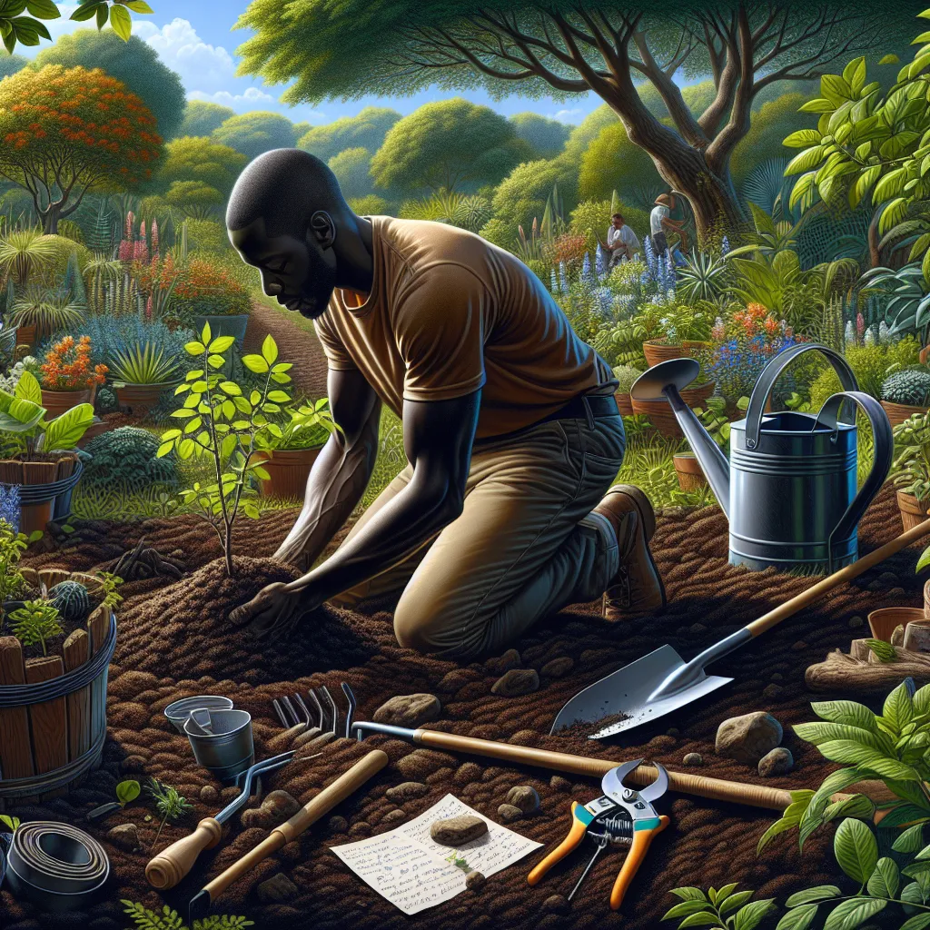 Ferramentas de jardinagem e vaso com planta em crescimento