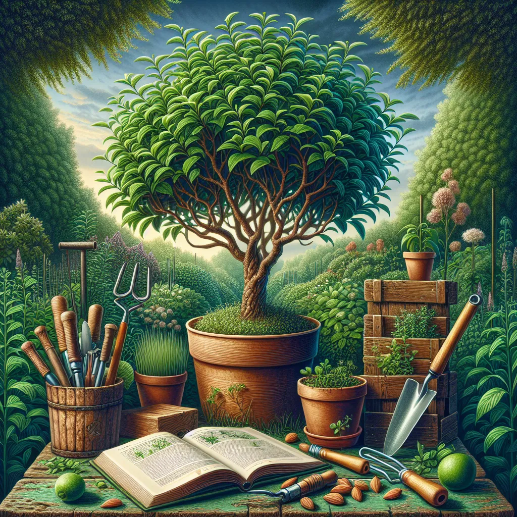 Cuidando de Aloysia virgata no jardim Uma imagem de uma cena prática de jardinagem mostrando uma planta madura de Aloysia virgata cercada por ferramentas de jardinagem, como uma pá de jardinagem e vasos. O fundo apresenta uma vegetação exuberante, destacando as folhas fragrantes da planta, enquanto um livro de jardinagem está aberto, exibindo instruções de plantio passo a passo.