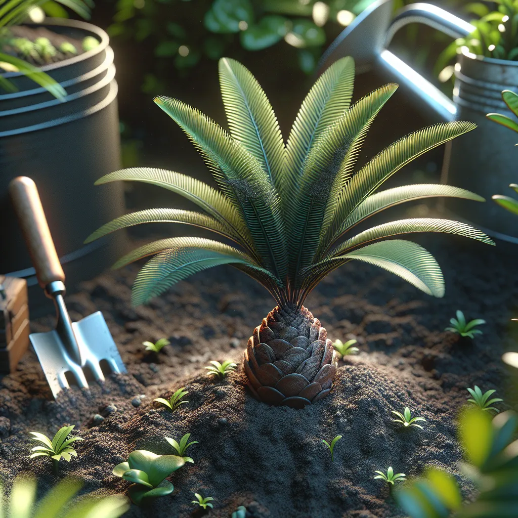 Uma imagem em close de uma jovem palmeira Trachycarpus latisectus aninhada em solo rico e escuro. Ao redor da planta estão ferramentas de jardinagem, como uma pequena pá e um regador, com a luz do sol filtrando através da vegetação exuberante, sugerindo um ambiente de jardim acolhedor, ideal para plantar e cuidar de palmeiras.