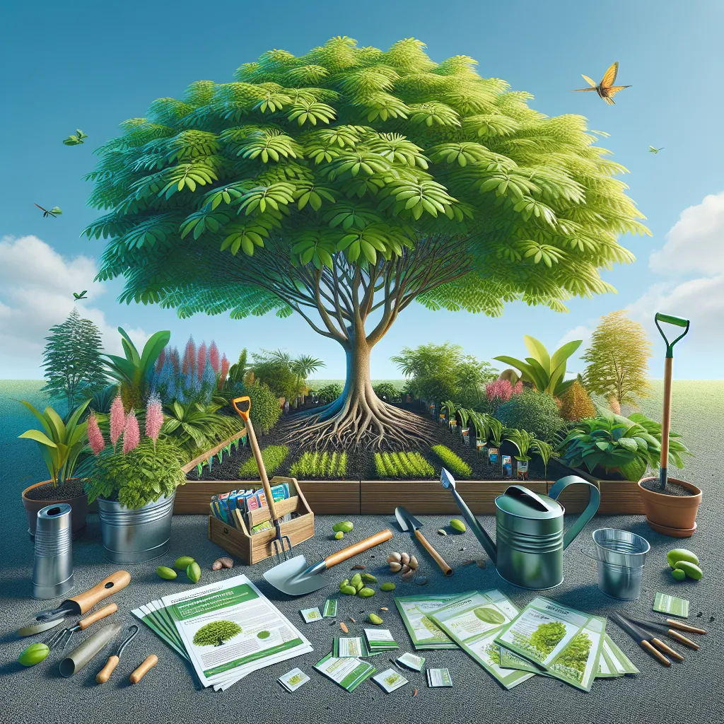 Jardim tropical com ferramentas de jardinagem Uma imagem aérea de um jardim tropical exuberante com uma árvore saudável de Guarea macrophylla. Circundando a árvore estão ferramentas de jardinagem como uma pá e um regador, com pacotes de sementes e instruções de cuidados organizadas de forma ordenada nas proximidades. Folhas verde-claras contrastam com um céu azul claro.