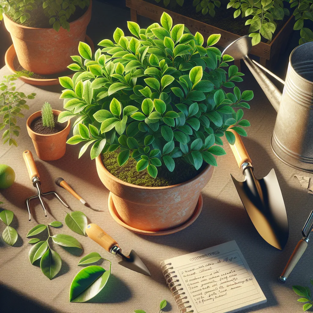 Uma vibrante planta de Murraya Koenigii verde está em um vaso de terracota, cercada por ferramentas de jardinagem como uma pá e um regador. A luz do sol filtra através das folhas, destacando a rica e aromática folhagem, enquanto um bloco de notas com os passos de plantio repousa próximo, convidando os leitores a aprender a arte da cultivo.