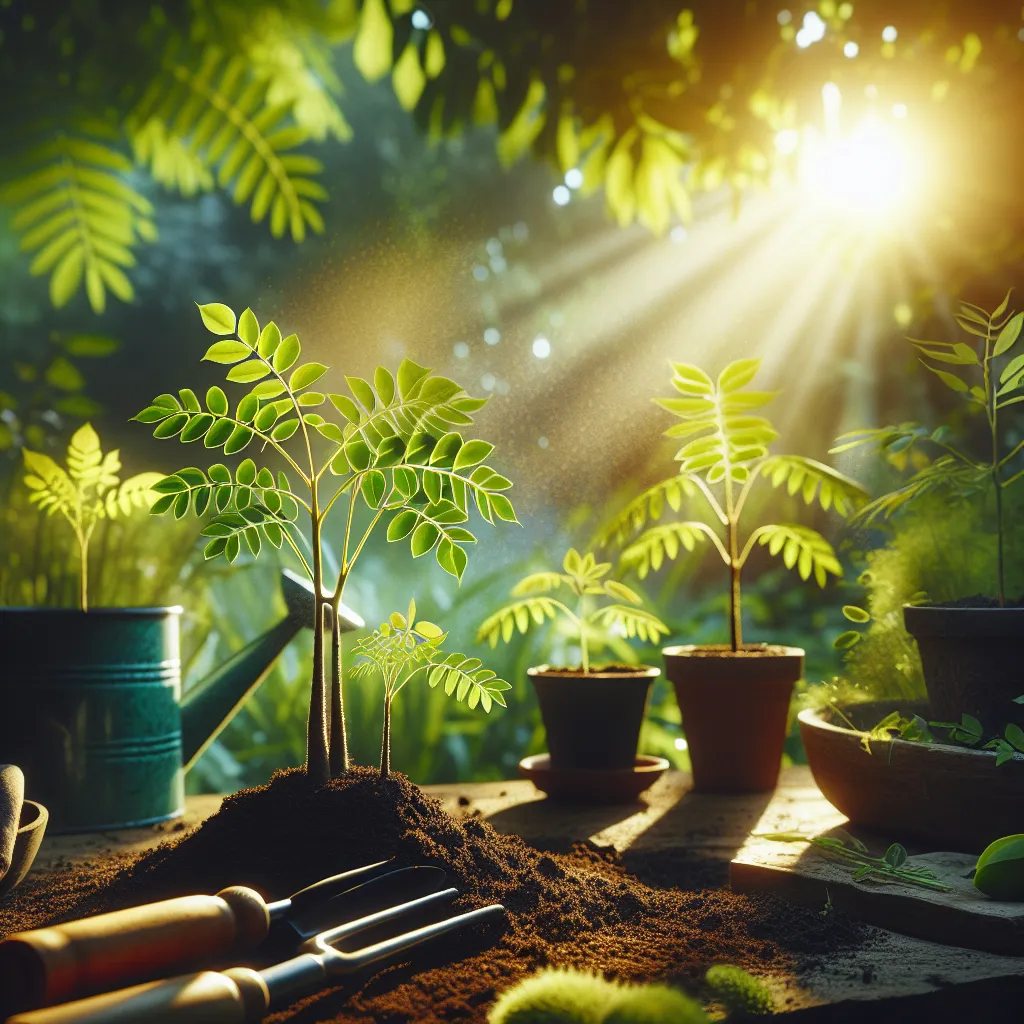 Uma imagem convidativa de um jardim exuberante banhado pelo sol, exibindo várias mudas jovens de Adenanthera Pavonina com folhas verde vibrante e um leito de solo rico. Ao fundo, ferramentas de jardinagem e um regador estão prontos para uso, enfatizando a abordagem prática de plantar e cuidar dessas lindas árvores.