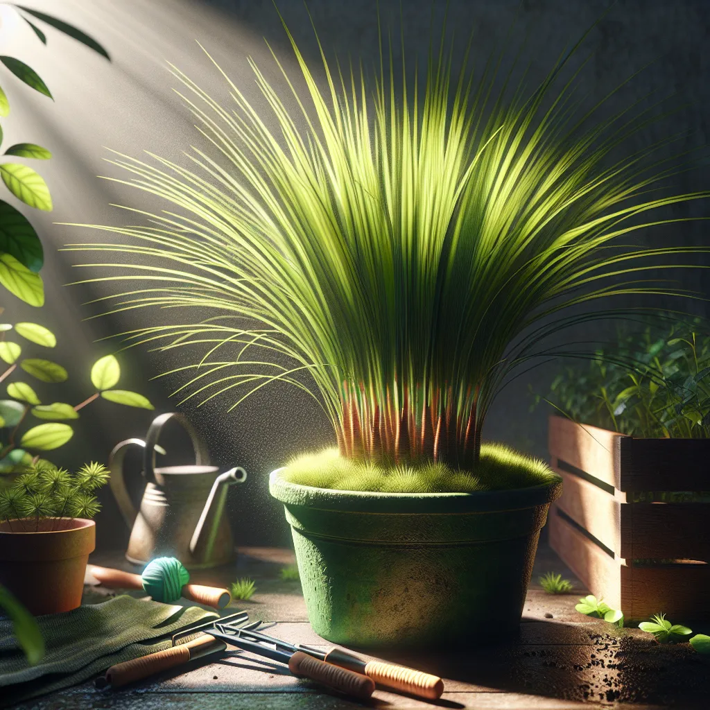 Uma imagem retratando um vibrante vaso verde cheio de Cyperus rotundus, exibindo seus caules altos e finos e suas folhas exuberantes em forma de leque. A luz do sol passa pelas folhas, destacando o solo rico e a umidade ao redor da planta, com ferramentas de jardinagem e instruções de cuidados suavemente posicionadas ao fundo.