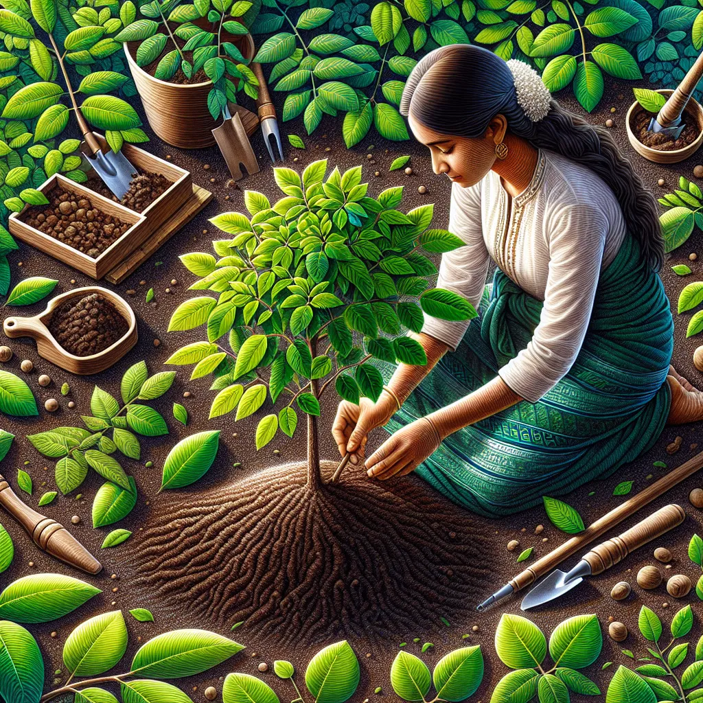Uma imagem encantadora de uma pessoa cuidadosamente plantando um broto de árvore de Merthiolate em solo rico e escuro. Ao redor do broto estão folhas verdes vibrantes e pequenas ferramentas de jardinagem, capturando a essência do crescimento cuidadoso e a alegria de cultivar a natureza em um ambiente externo ensolarado.