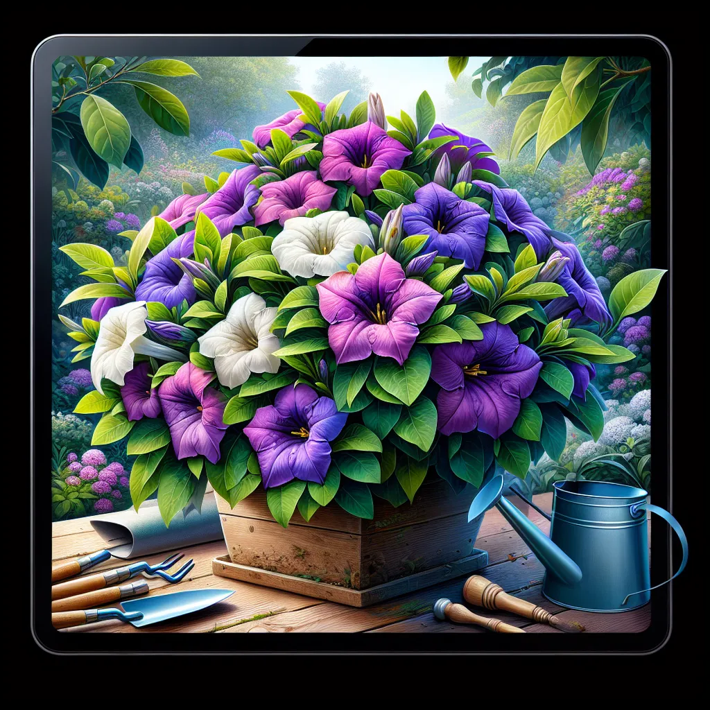 Uma cena vibrante de jardim mostrando um close dos flores de Brunfelsia latifolia em várias tonalidades de roxo e branco, cercadas por folhas verdes exuberantes. Ao fundo, ferramentas de jardinagem como uma pá e um regador estão ao lado de um pequeno canteiro de plantio, enfatizando o processo de plantio passo a passo.