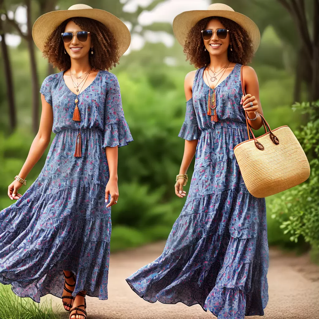 Fotos mulher sorriso vestido estampado chapeu bolsa