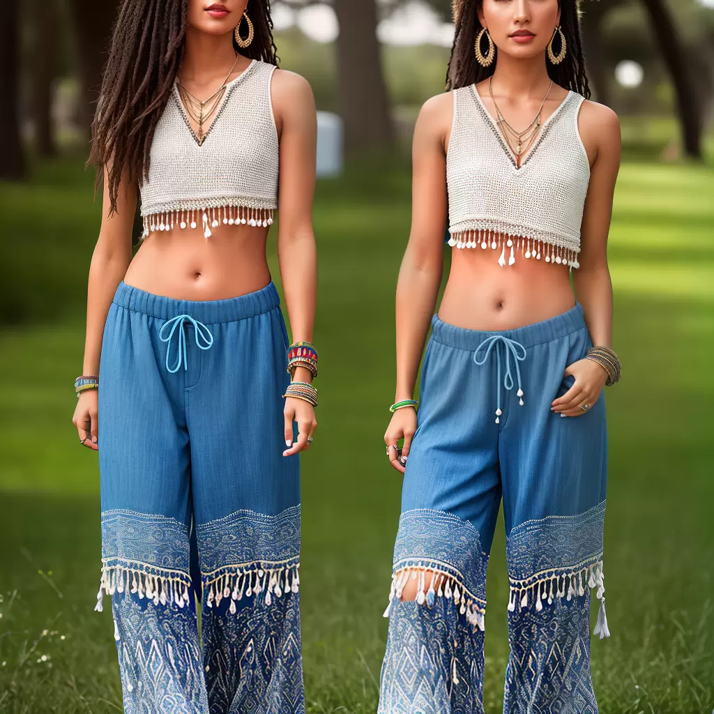 Fotos calca boca sino bordado blusa crop pulseiras